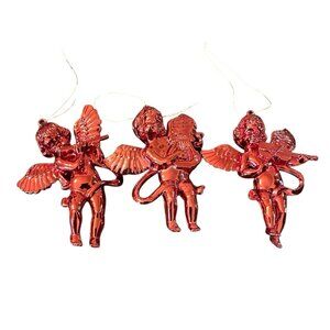 Red Metallic Cherub Hanging Ornaments Set Of 3 Cupid Angel Winged Figures Music